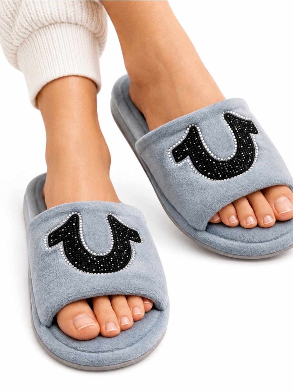 True Religion Blue Plush Slide Slippers Rhinestone Logo Women’s Size 6.5–7.5